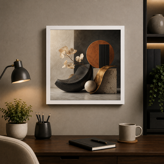 Stillness in Composition – Warm light dissolves the line between stone and stem – Framed Metal Poster - Artofied