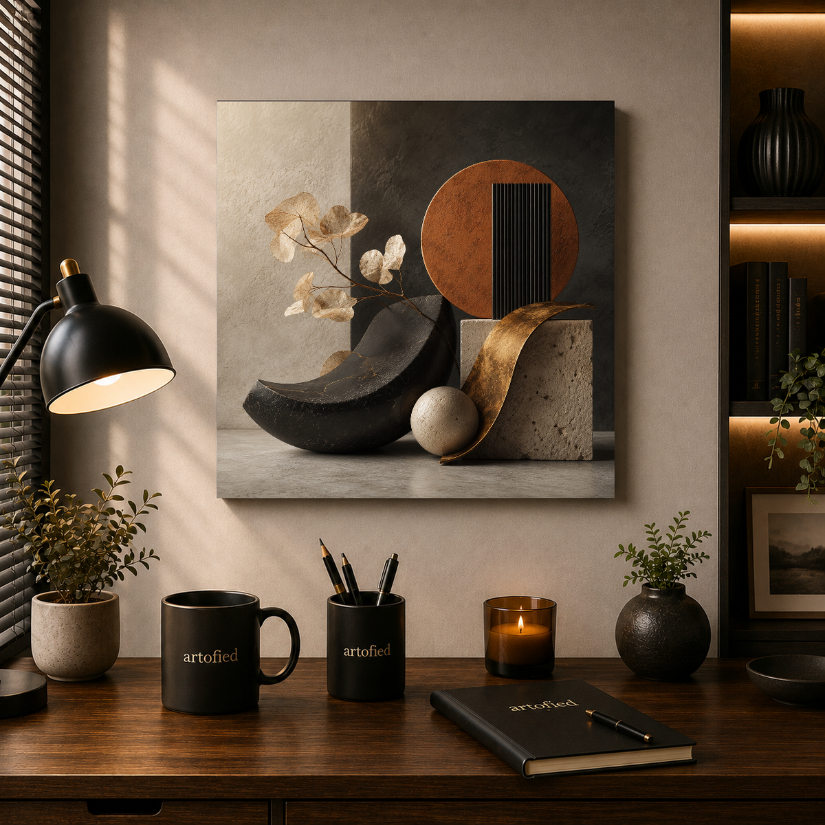 Stillness in Composition – Warm light dissolves the line between stone and stem – Premium Metal Poster - Artofied