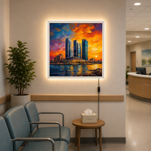 Sunset Cityscape Over Urban Waters – Where ambition meets the golden horizon – Acrylic Glowing Frame - Artofied