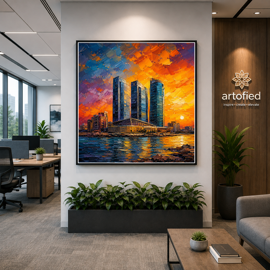 Sunset Cityscape Over Urban Waters – Where ambition meets the golden horizon – Framed Metal Poster - Artofied