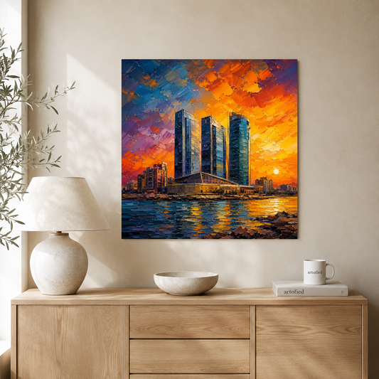 Sunset Cityscape Over Urban Waters – Where ambition meets the golden horizon – Premium Metal Poster - Artofied