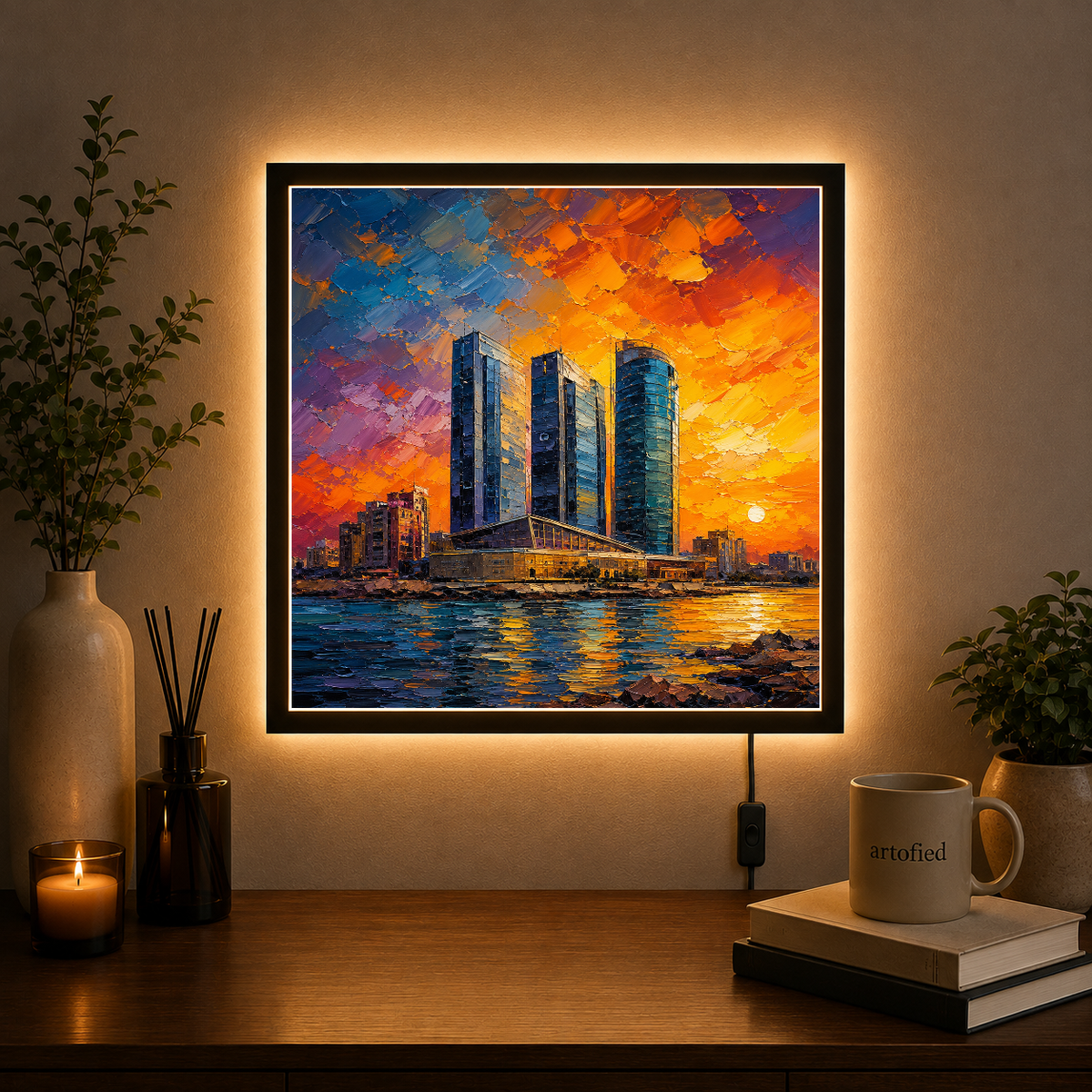 Sunset Cityscape Over Urban Waters – Where ambition meets the golden horizon – Photo Frame Wall Lamp - Artofied
