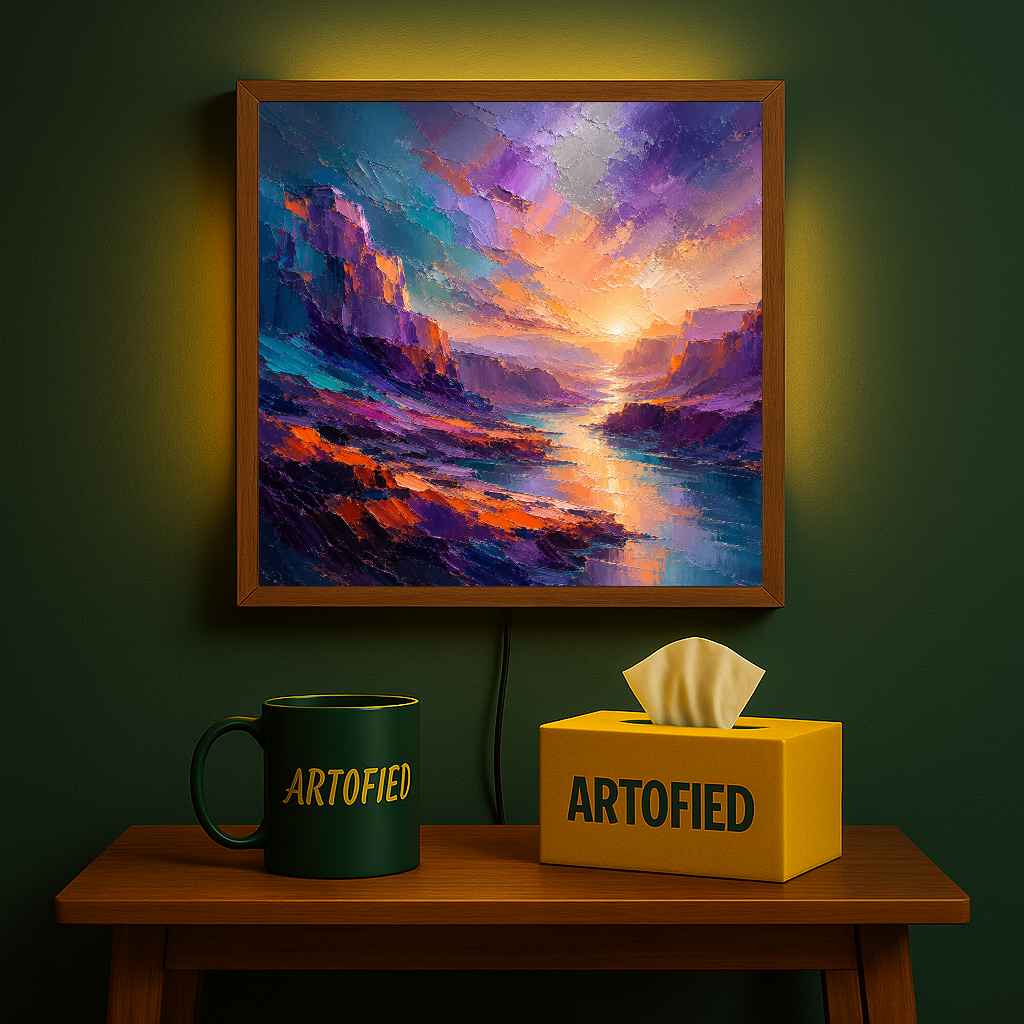 Sunset Over Canyon Waters – Where light meets stone in eternal silence – Acrylic Glowing Frame - Artofied