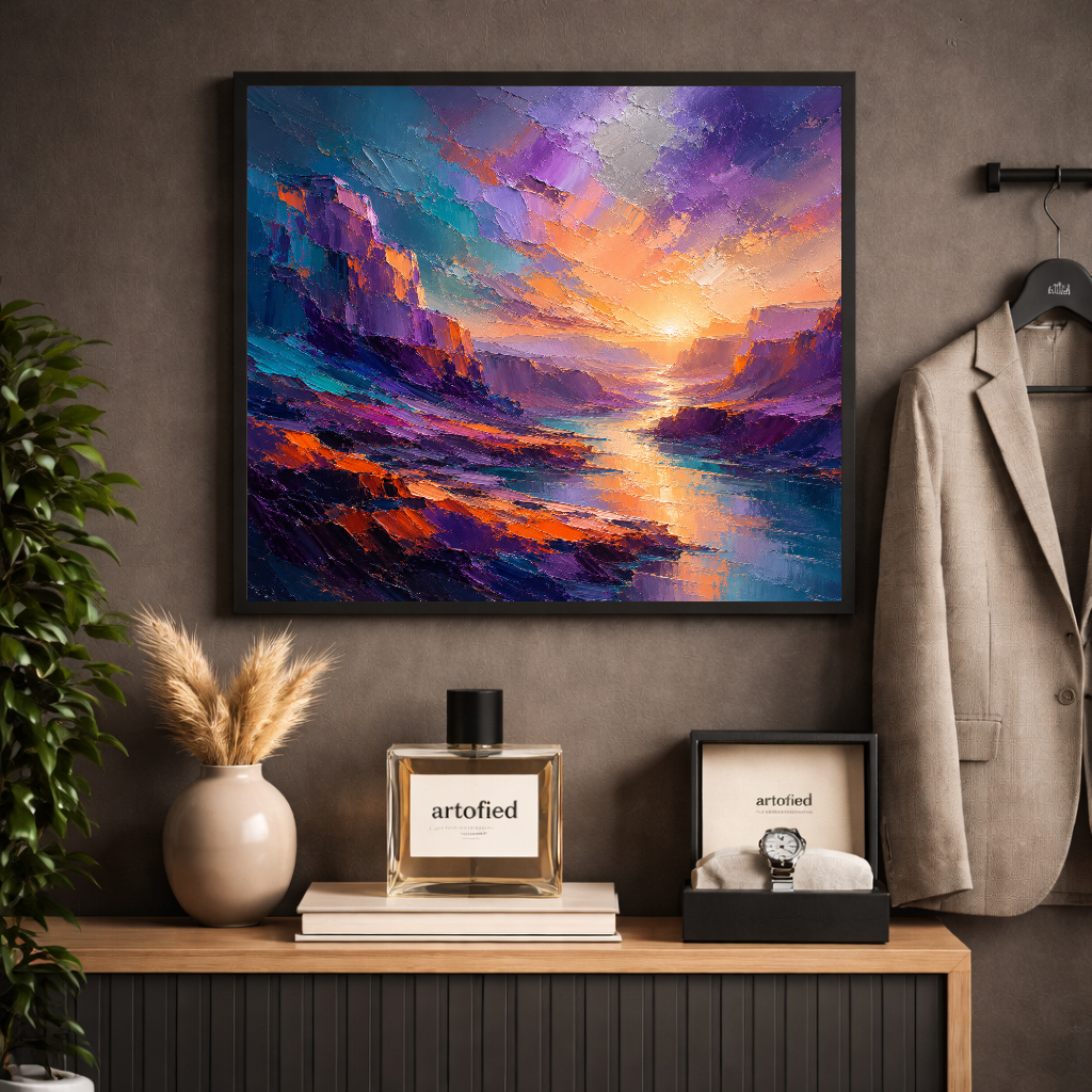 Sunset Over Canyon Waters – Where light meets stone in eternal silence – Framed Metal Poster - Artofied