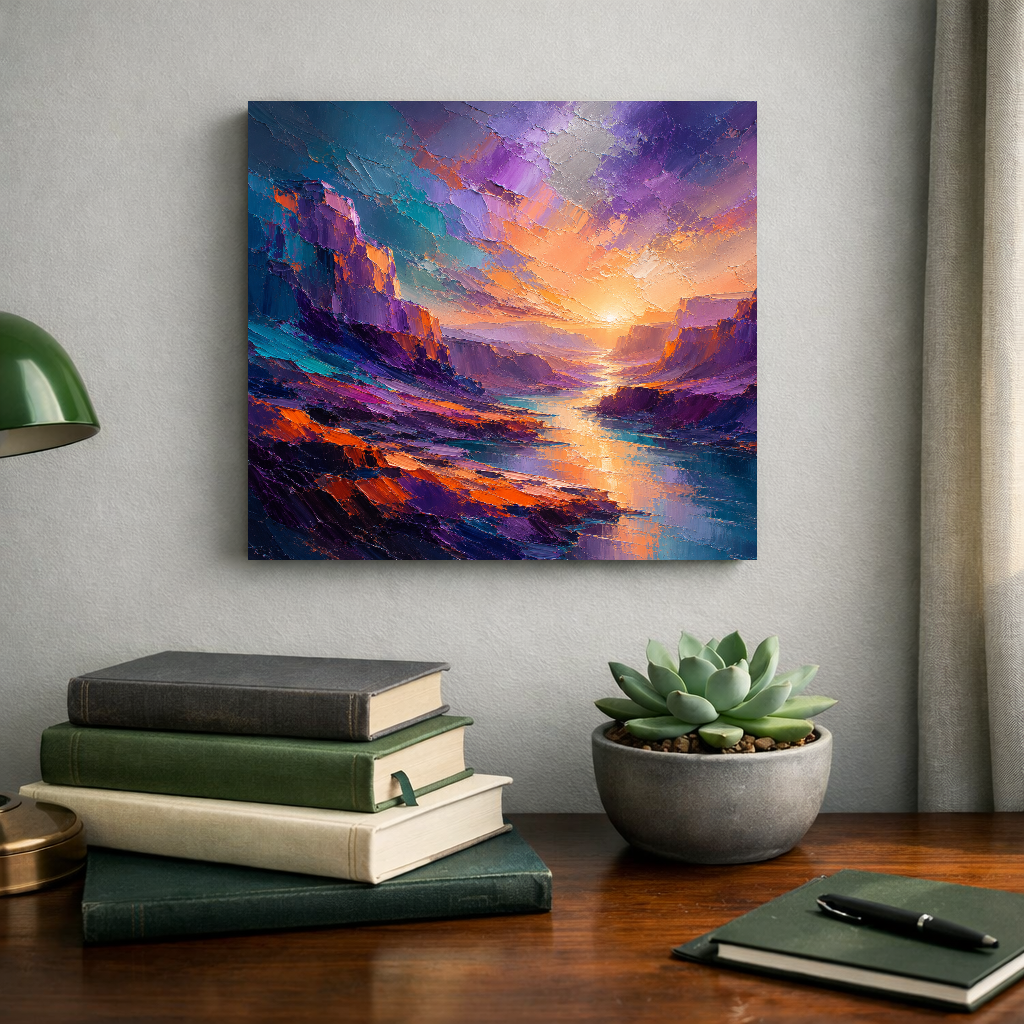 Sunset Over Canyon Waters – Where light meets stone in eternal silence – Premium Metal Poster - Artofied