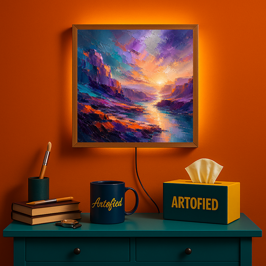 Sunset Over Canyon Waters – Where light meets stone in eternal silence – Photo Frame Wall Lamp - Artofied