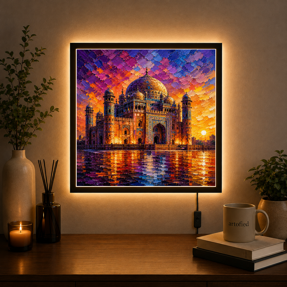 Taj Mahal at Sunset – Where heritage glows eternal in light – Acrylic Glowing Frame - Artofied