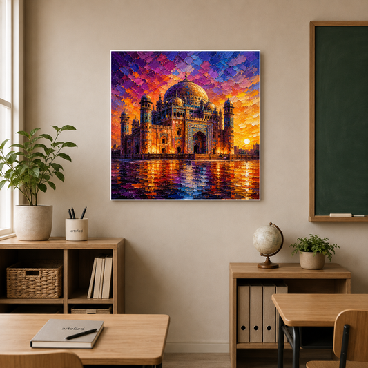 Taj Mahal at Sunset – Where heritage glows eternal in light – Framed Metal Poster - Artofied