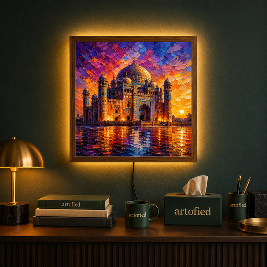 Taj Mahal at Sunset – Where heritage glows eternal in light – Photo Frame Wall Lamp - Artofied