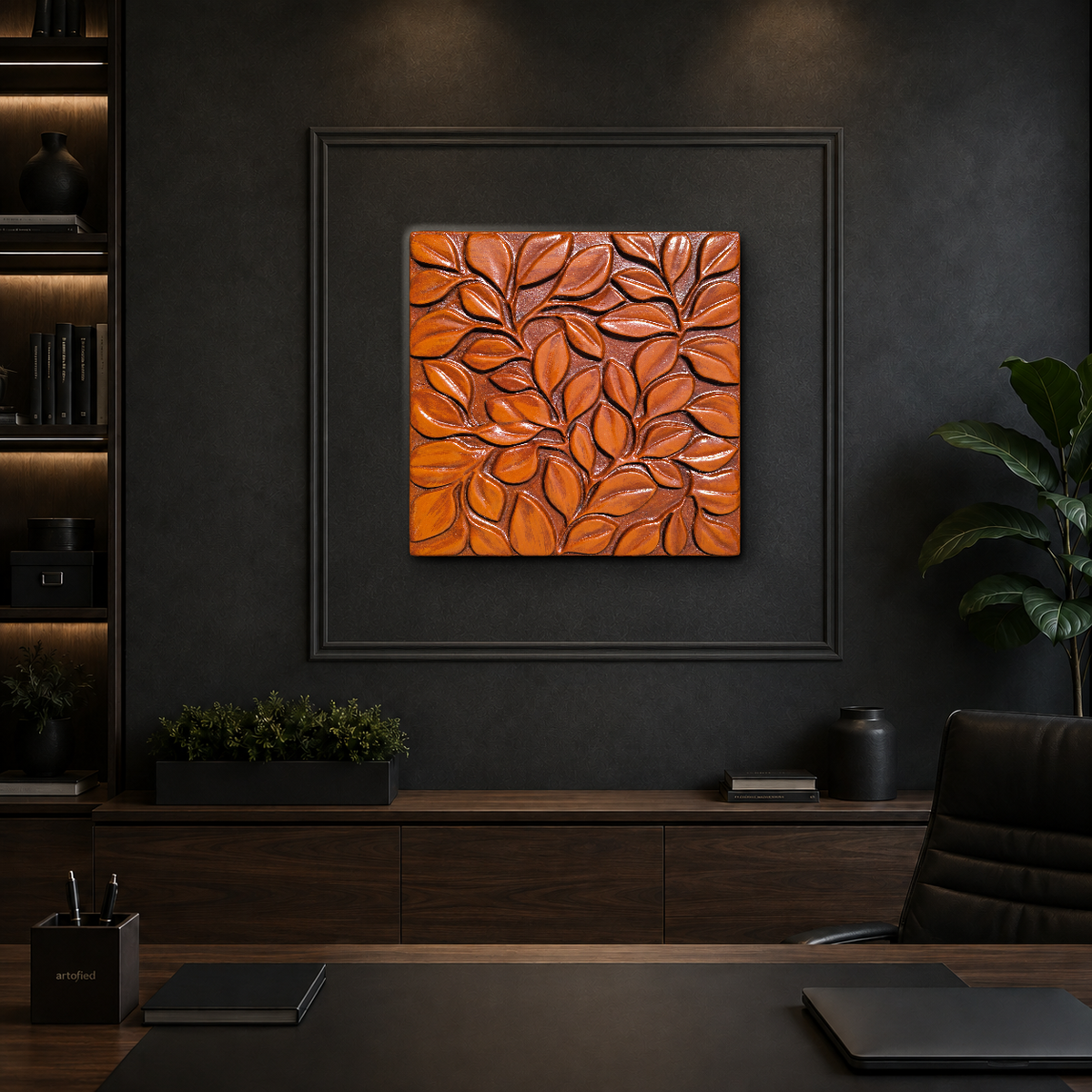 Terracotta Leaf Relief Study – Burnished leaves catch light across warm clay. – Wood Relief Wall Art - Artofied