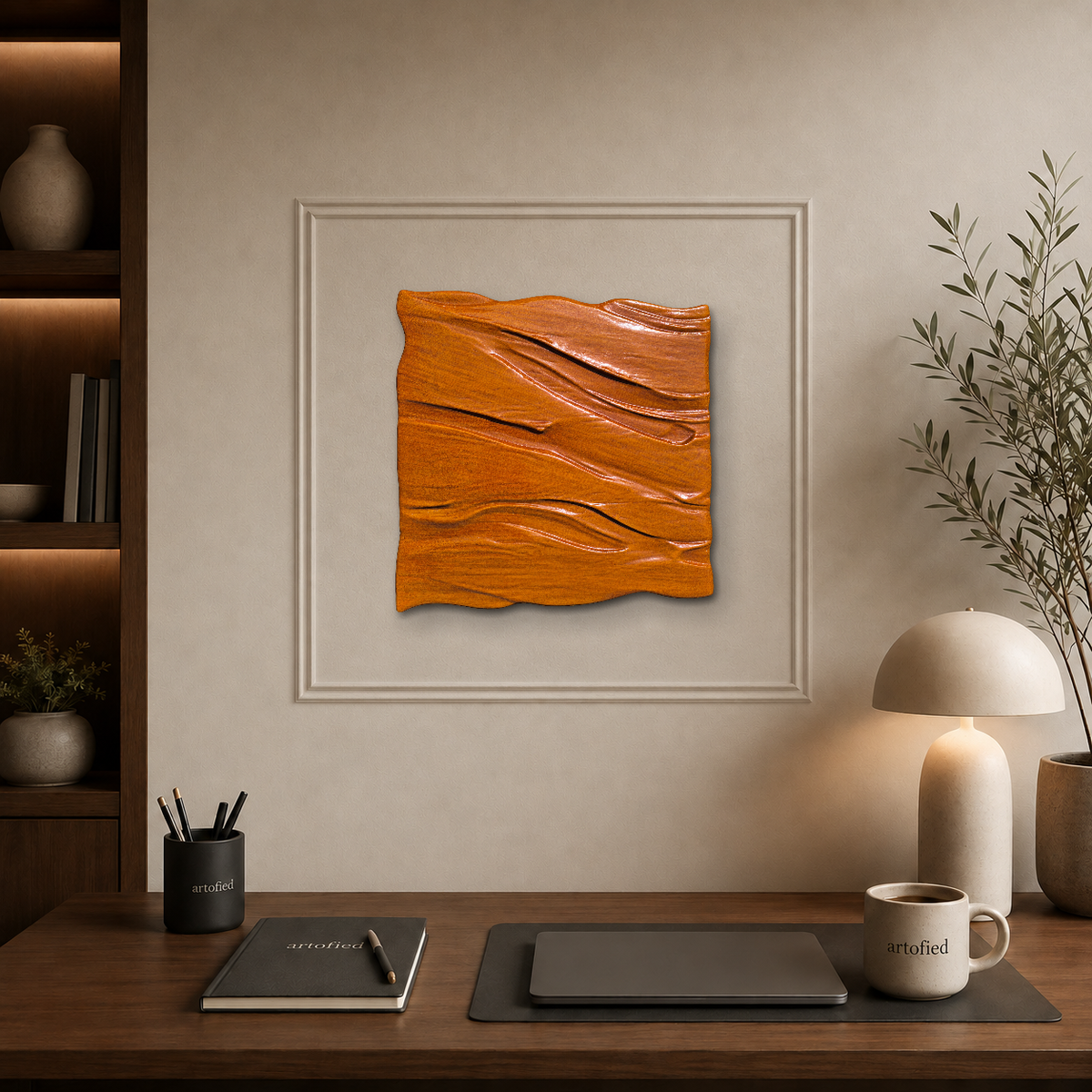 Terracotta Wave Wooden Sculpture – Warm grain flows like water frozen in time. – Wood Cutout Wall Art - Artofied