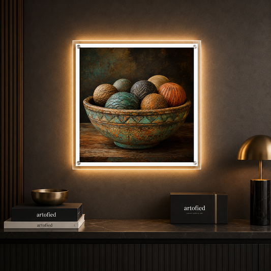 Textured Vessels in Turquoise & Gold – Rust and verdigris speak in stillness – Acrylic Glowing Frame - Artofied