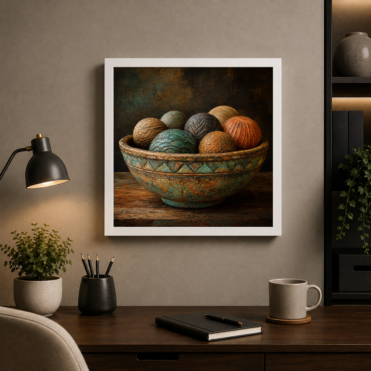 Textured Vessels in Turquoise & Gold – Rust and verdigris speak in stillness – Framed Metal Poster - Artofied