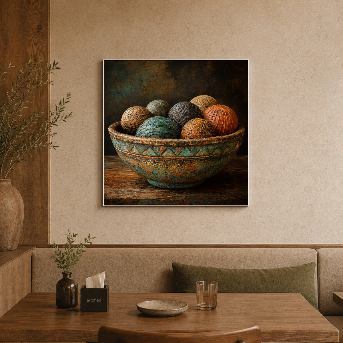 Textured Vessels in Turquoise & Gold – Rust and verdigris speak in stillness – Premium Metal Poster - Artofied