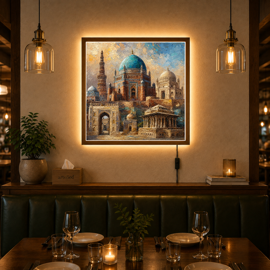 Timeless Architectural Heritage Composition – Warm light on ancient stone and tile – Acrylic Glowing Frame - Artofied