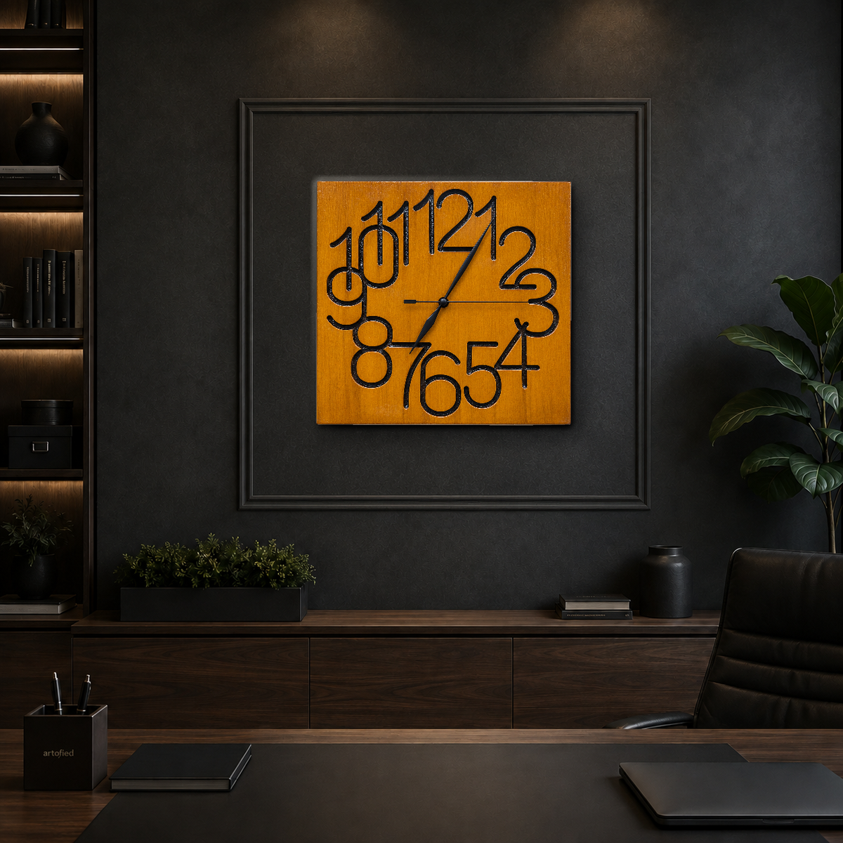 Tumbling Numbers Square wooden wall clock on a charcoal panelled wall