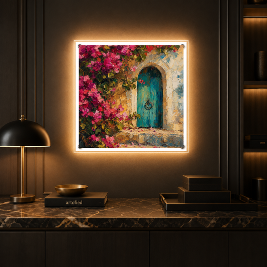 Turquoise Door with Bougainvillea – Magenta blooms soften weathered stone walls – Acrylic Glowing Frame - Artofied
