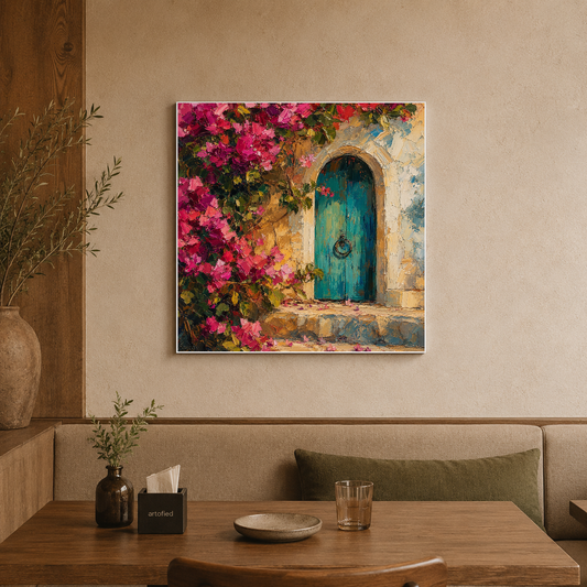 Turquoise Door with Bougainvillea – Magenta blooms soften weathered stone walls – Premium Metal Poster - Artofied