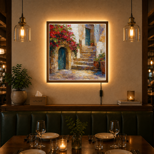 Tuscan Courtyard with Red Bougainvillea – Crimson bougainvillea against weathered stone – Acrylic Glowing Frame - Artofied