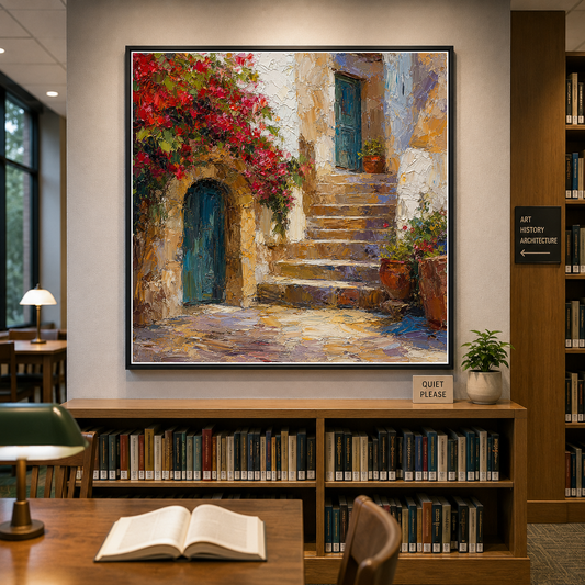 Tuscan Courtyard with Red Bougainvillea – Crimson bougainvillea against weathered stone – Framed Metal Poster - Artofied