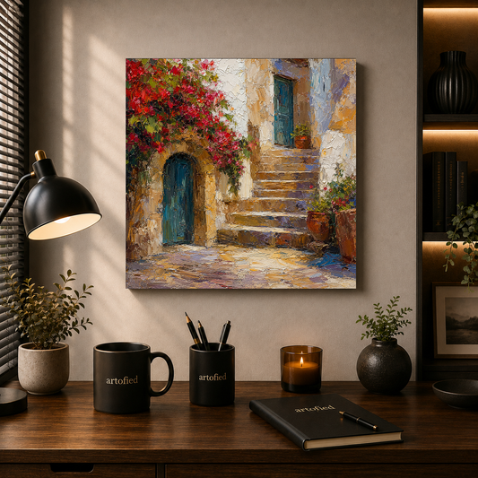 Tuscan Courtyard with Red Bougainvillea – Crimson bougainvillea against weathered stone – Premium Metal Poster - Artofied