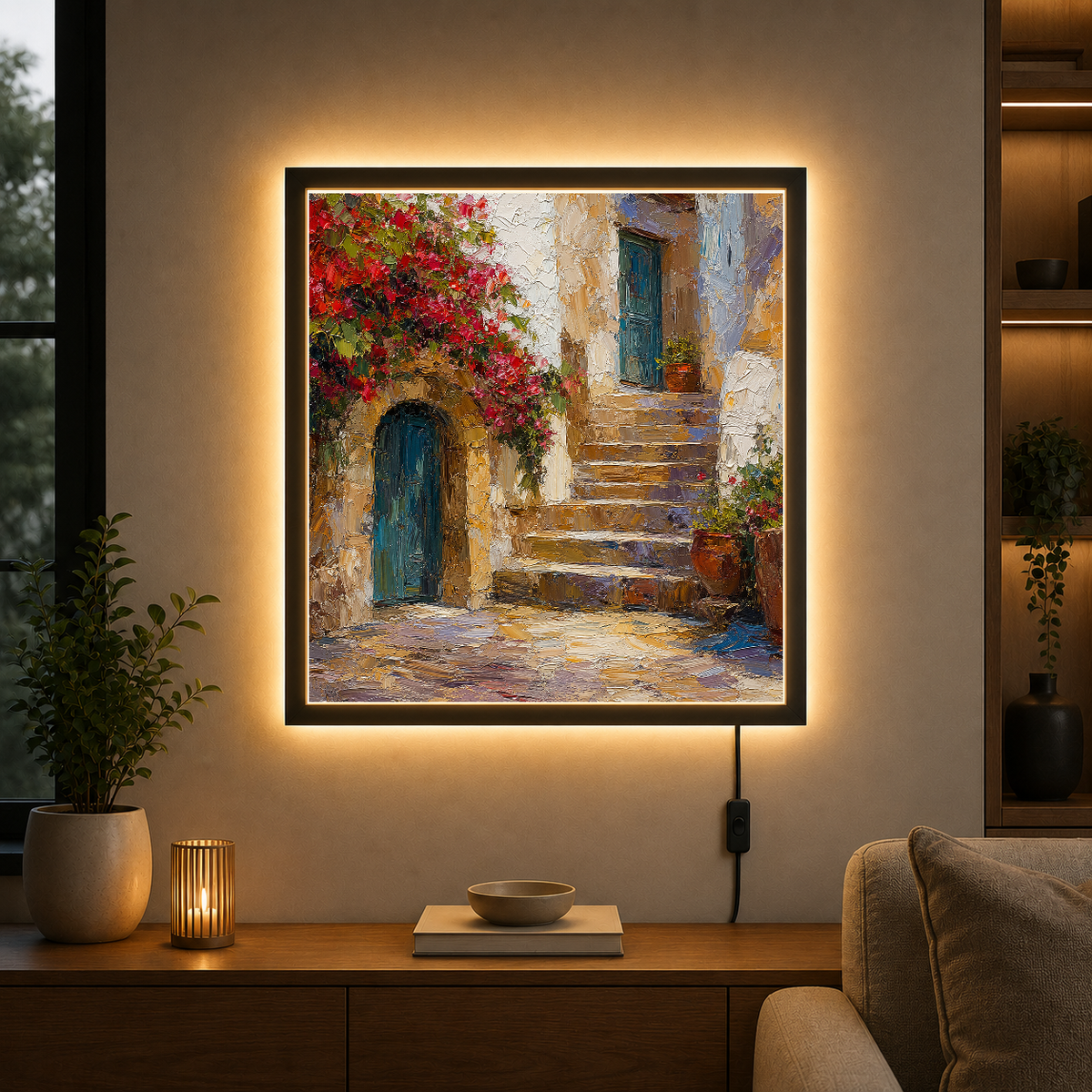 Tuscan Courtyard with Red Bougainvillea – Crimson bougainvillea against weathered stone – Photo Frame Wall Lamp - Artofied