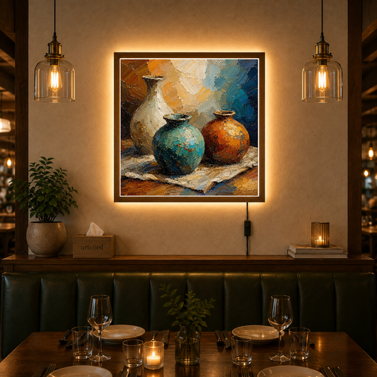 Vessels in Ochre and Teal – Weathered vessels hold their ochre warmth. – Acrylic Glowing Frame - Artofied