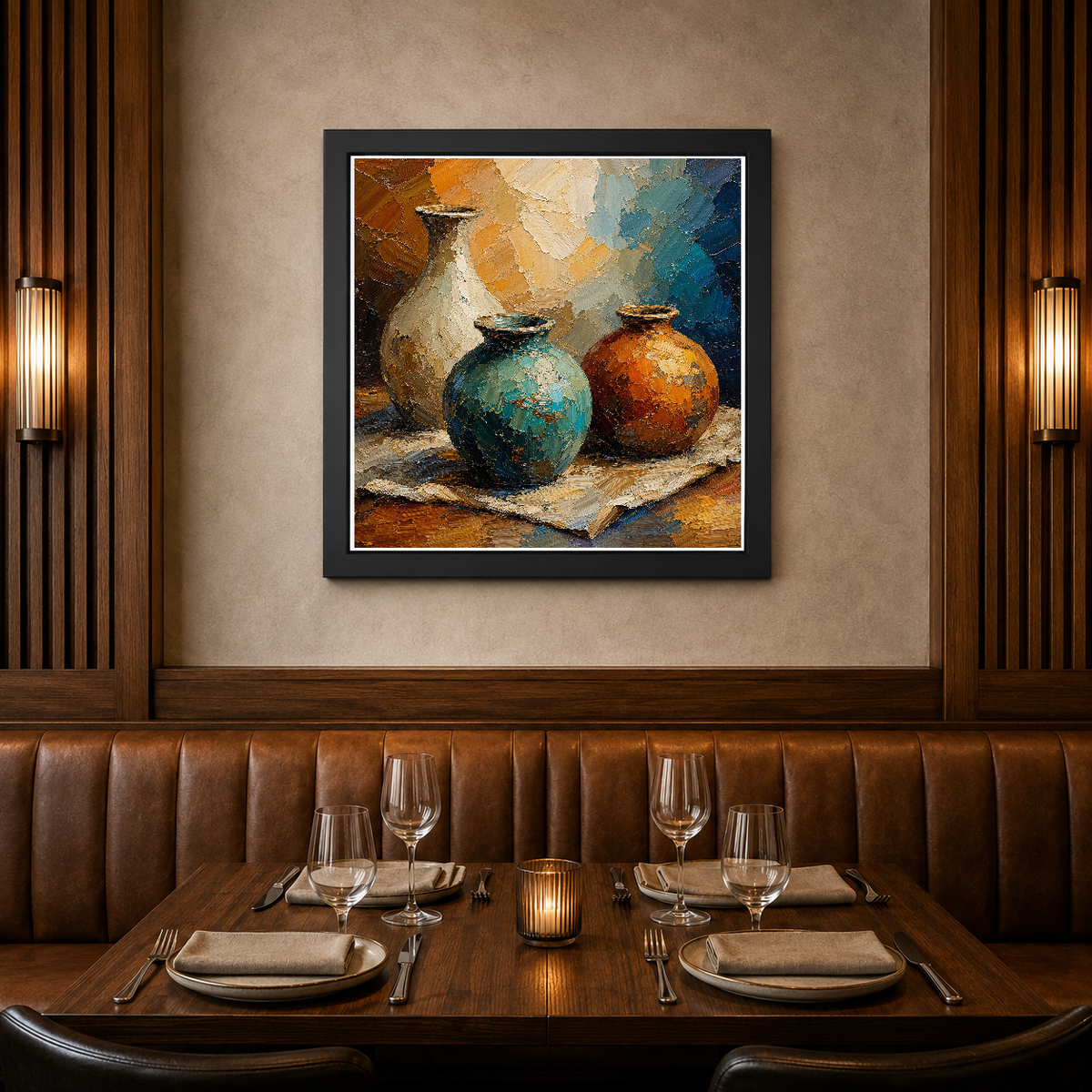 Vessels in Ochre and Teal – Weathered vessels hold their ochre warmth. – Framed Metal Poster - Artofied
