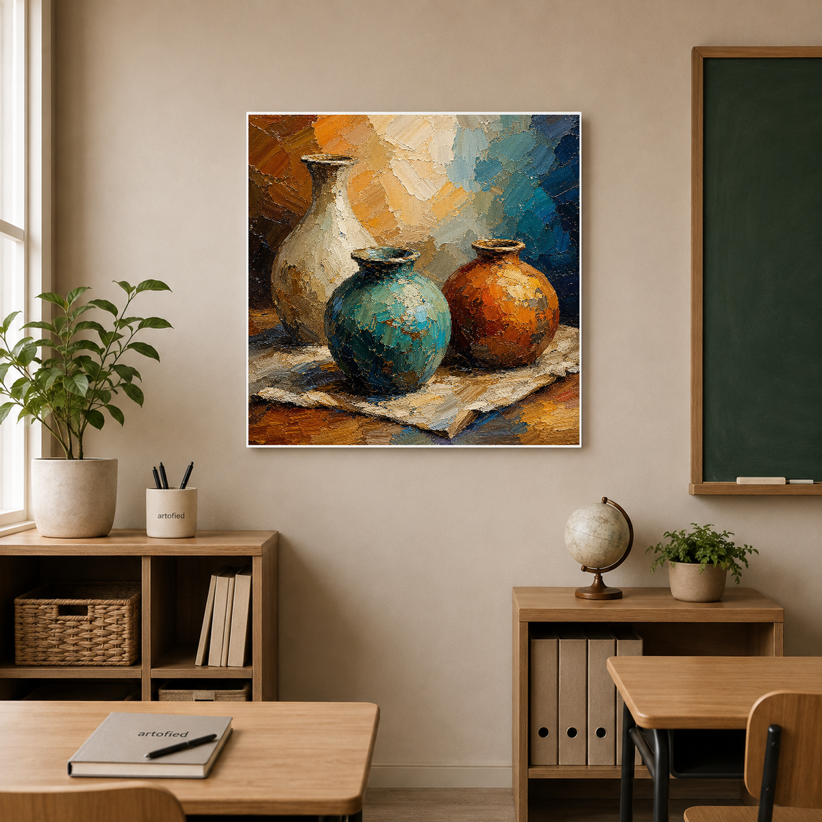 Vessels in Ochre and Teal – Weathered vessels hold their ochre warmth. – Premium Metal Poster - Artofied