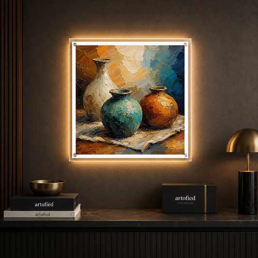Vessels in Ochre and Teal – Weathered vessels hold their ochre warmth. – Photo Frame Wall Lamp - Artofied
