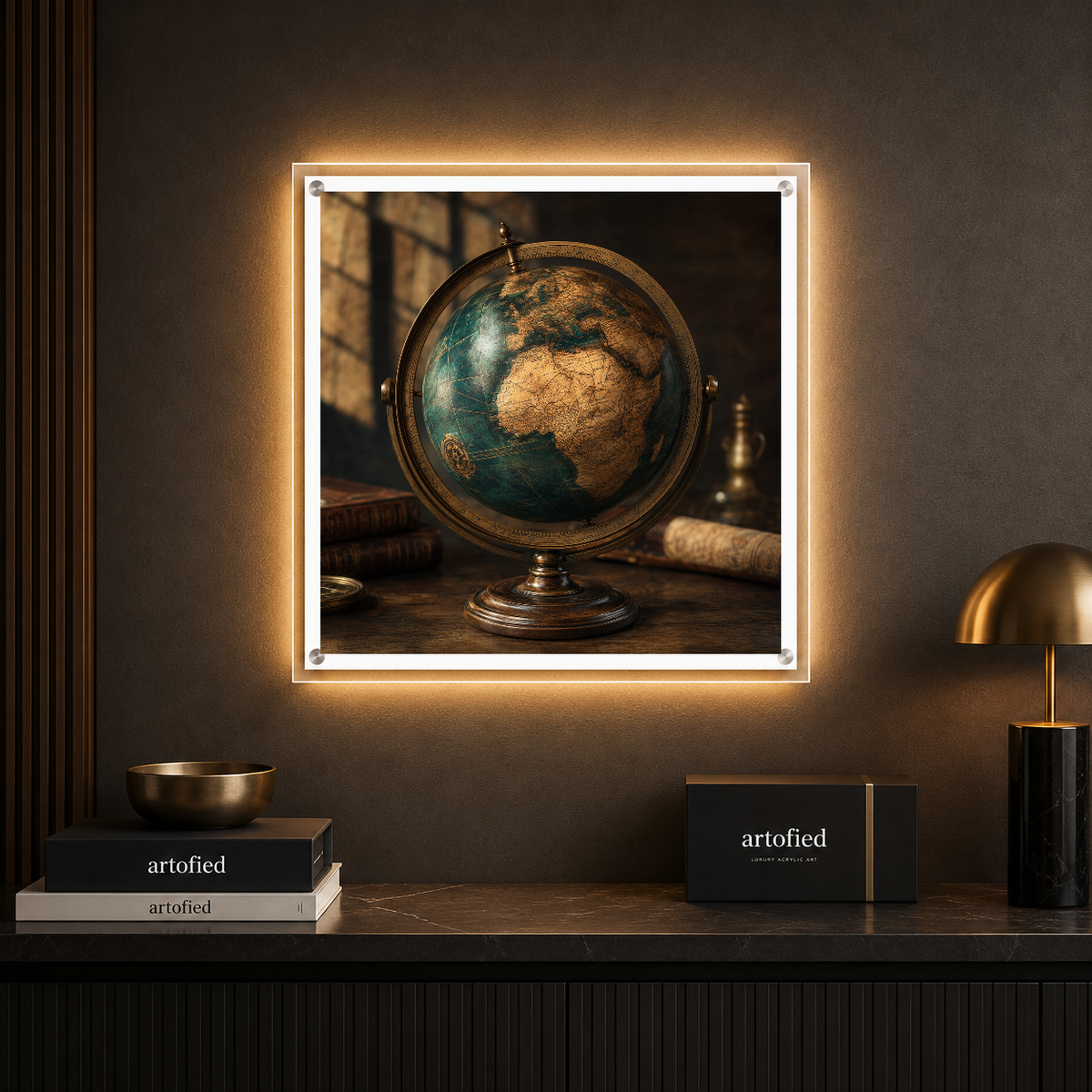 Vintage Globe Desk Lamp – Brass cradling light, holding continents – Acrylic Glowing Frame - Artofied