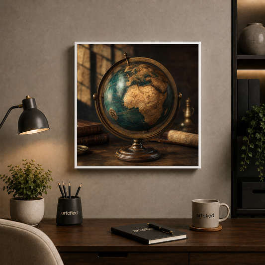 Vintage Globe Desk Lamp – Brass cradling light, holding continents – Framed Metal Poster - Artofied