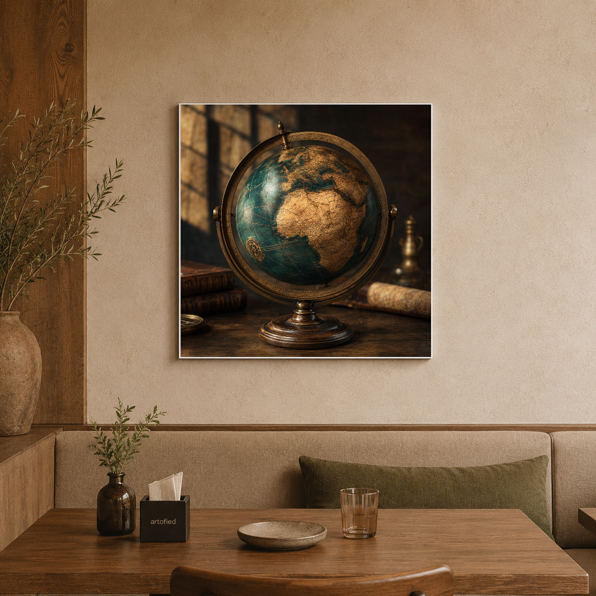 Vintage Globe Desk Lamp – Brass cradling light, holding continents – Premium Metal Poster - Artofied