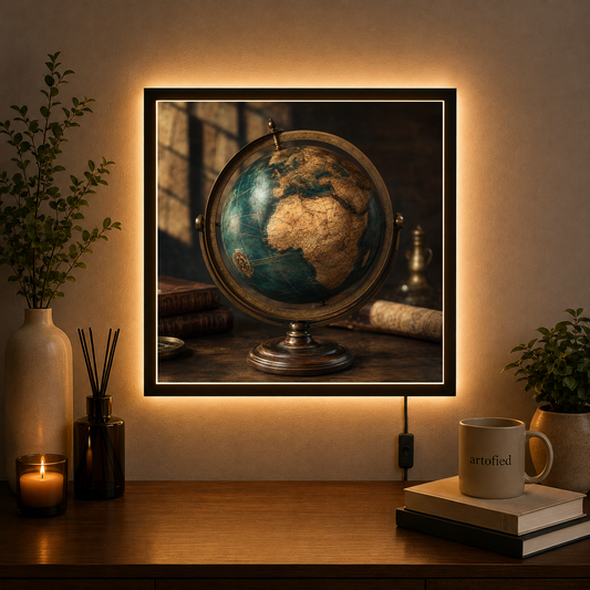 Vintage Globe Desk Lamp – Brass cradling light, holding continents – Photo Frame Wall Lamp - Artofied