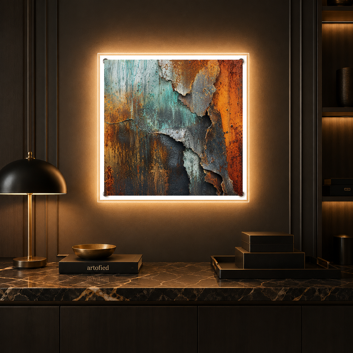 Weathered Rust & Verdigris Abstraction – Rust and verdigris tell time – Acrylic Glowing Frame - Artofied