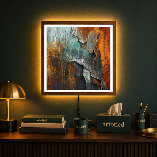 Weathered Rust & Verdigris Abstraction – Rust and verdigris tell time – Photo Frame Wall Lamp - Artofied