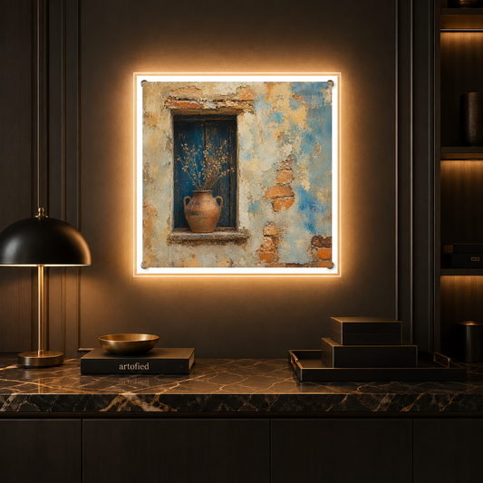 Weathered Wall with Terracotta Vessel – Blue doorway holds centuries of patient decay – Acrylic Glowing Frame - Artofied
