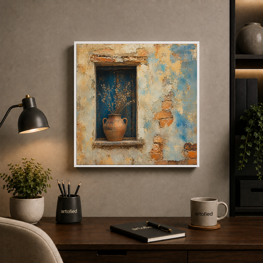 Weathered Wall with Terracotta Vessel – Blue doorway holds centuries of patient decay – Framed Metal Poster - Artofied
