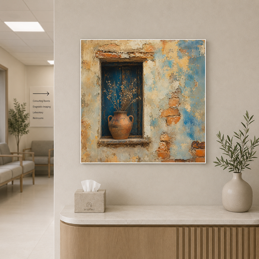 Weathered Wall with Terracotta Vessel – Blue doorway holds centuries of patient decay – Premium Metal Poster - Artofied