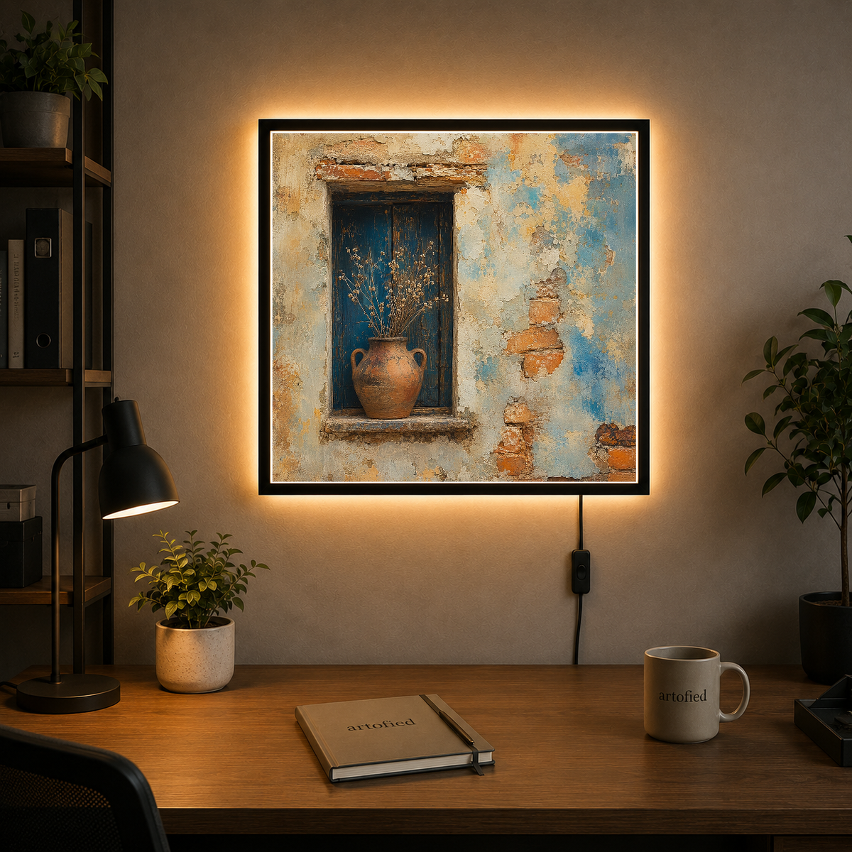Weathered Wall with Terracotta Vessel – Blue doorway holds centuries of patient decay – Photo Frame Wall Lamp - Artofied