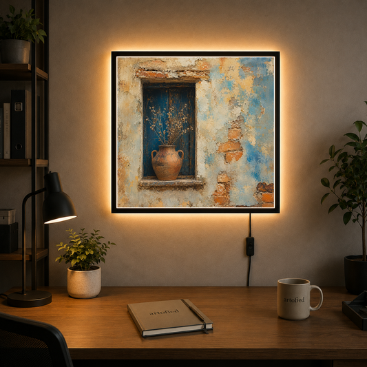 Weathered Wall with Terracotta Vessel – Blue doorway holds centuries of patient decay – Photo Frame Wall Lamp - Artofied