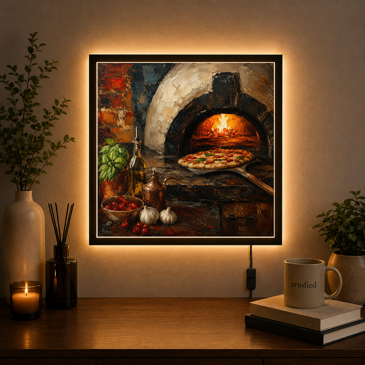 Wood-Fired Pizza at Golden Hour – Flames glow gold against the rustic – Acrylic Glowing Frame - Artofied