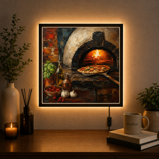 Wood-Fired Pizza at Golden Hour – Flames glow gold against the rustic – Acrylic Glowing Frame - Artofied