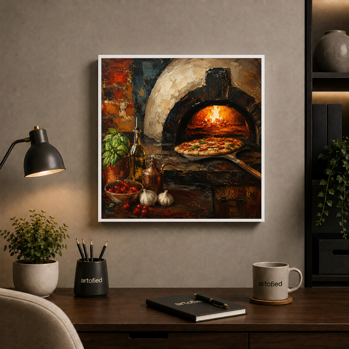 Wood-Fired Pizza at Golden Hour – Flames glow gold against the rustic – Framed Metal Poster - Artofied