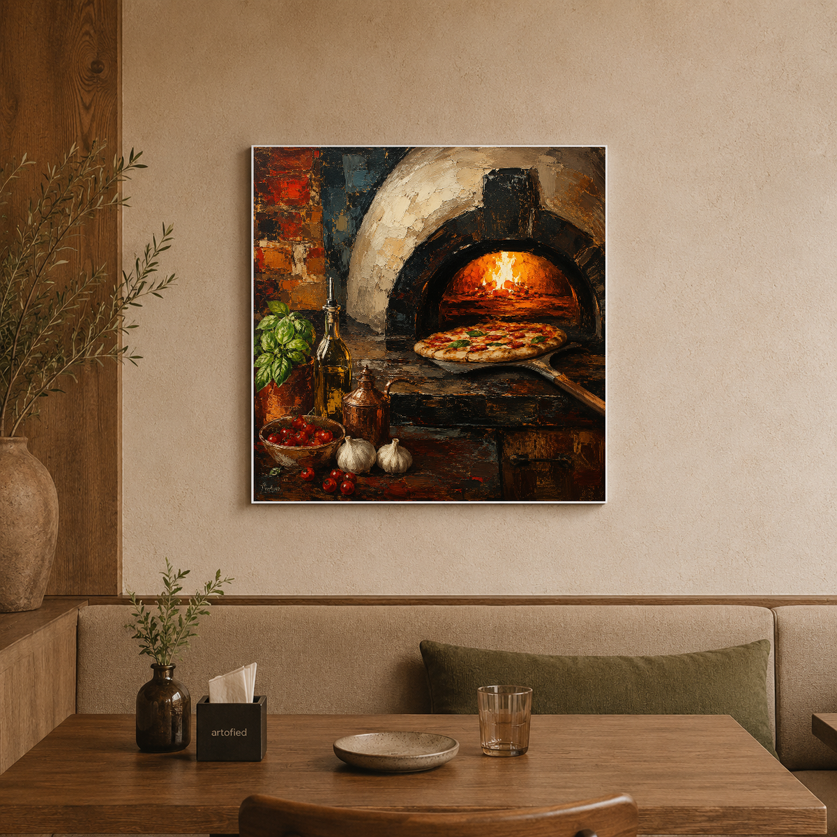 Wood-Fired Pizza at Golden Hour – Flames glow gold against the rustic – Premium Metal Poster - Artofied