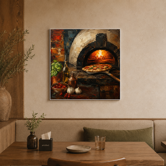 Wood-Fired Pizza at Golden Hour – Flames glow gold against the rustic – Premium Metal Poster - Artofied