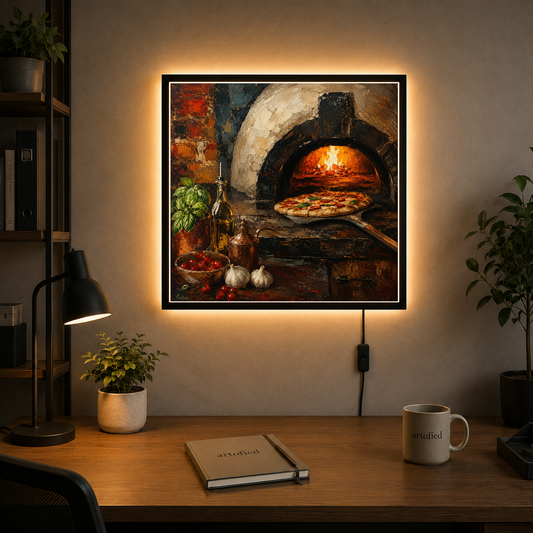 Wood-Fired Pizza at Golden Hour – Flames glow gold against the rustic – Photo Frame Wall Lamp - Artofied