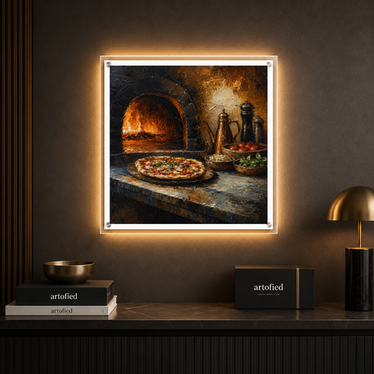 Wood-Fired Pizza in Rustic Warmth – Golden firelight on stone and crust – Acrylic Glowing Frame - Artofied
