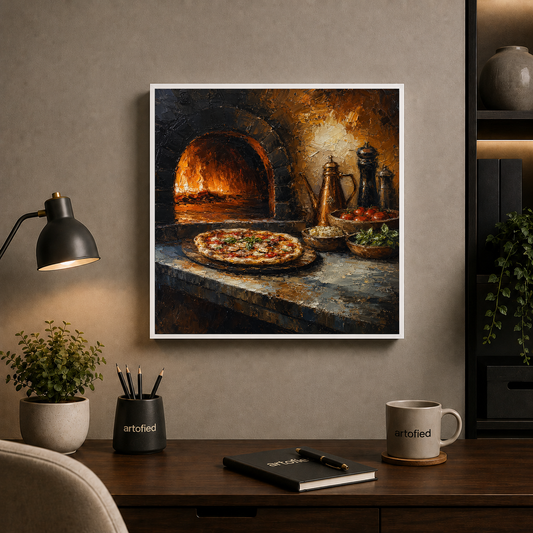 Wood-Fired Pizza in Rustic Warmth – Golden firelight on stone and crust – Framed Metal Poster - Artofied