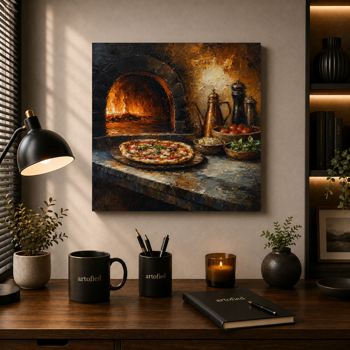 Wood-Fired Pizza in Rustic Warmth – Golden firelight on stone and crust – Premium Metal Poster - Artofied